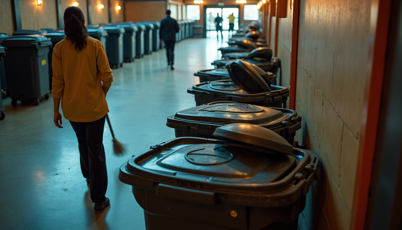High angle view of a cleaning crew emptying trash bins at an event venue