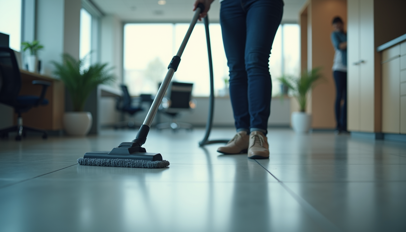 Close-up view of a professional cleaner using a vacuum in an office
