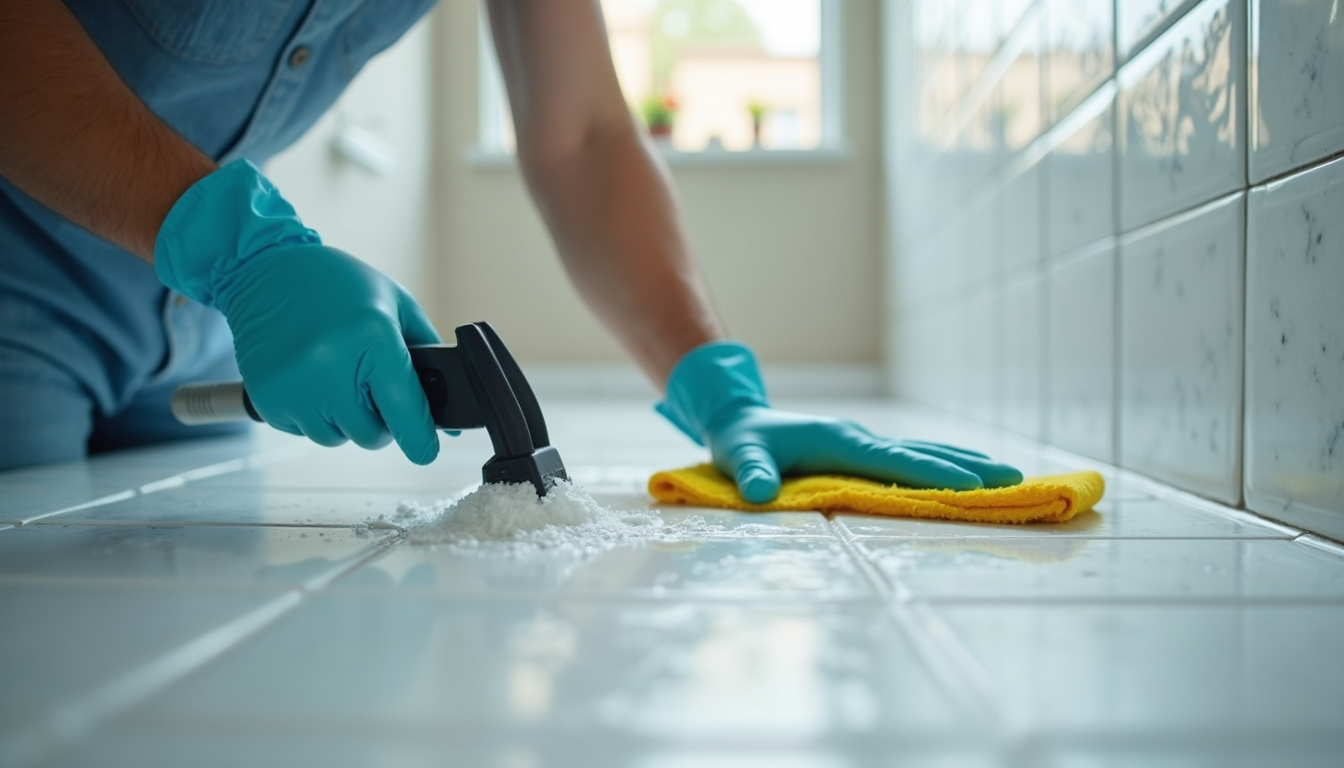 Close-up view of a professional cleaner scrubbing bathroom tiles