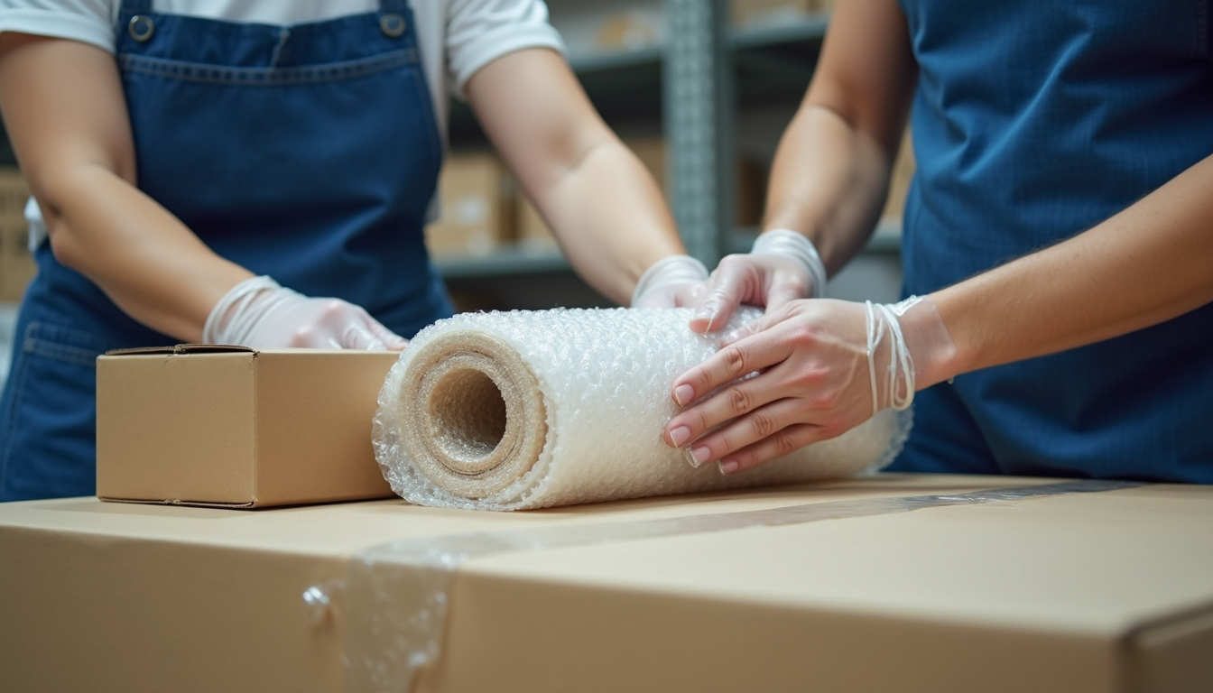 Close-up view of professional packers wrapping fragile items with bubble wrap