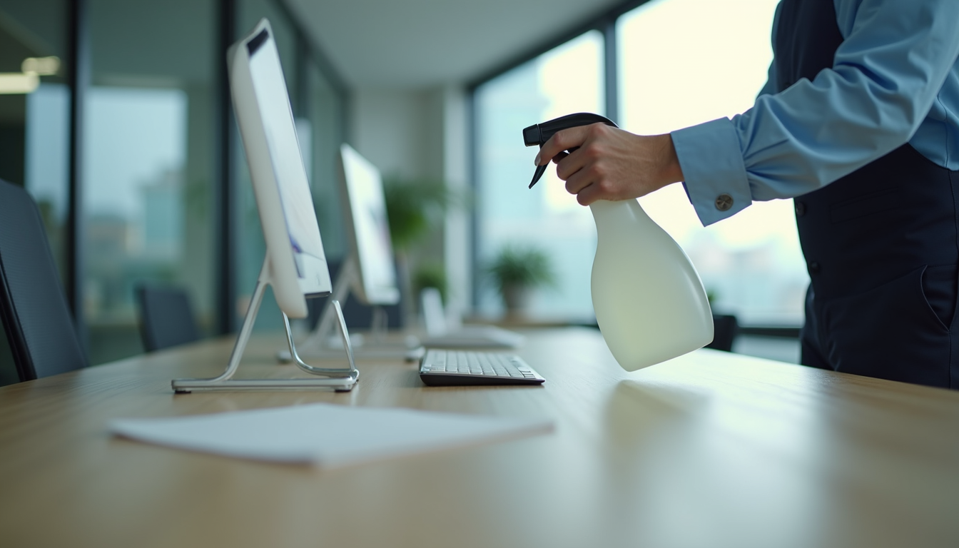 Close-up view of a professional cleaner using eco-friendly spray on an office desk