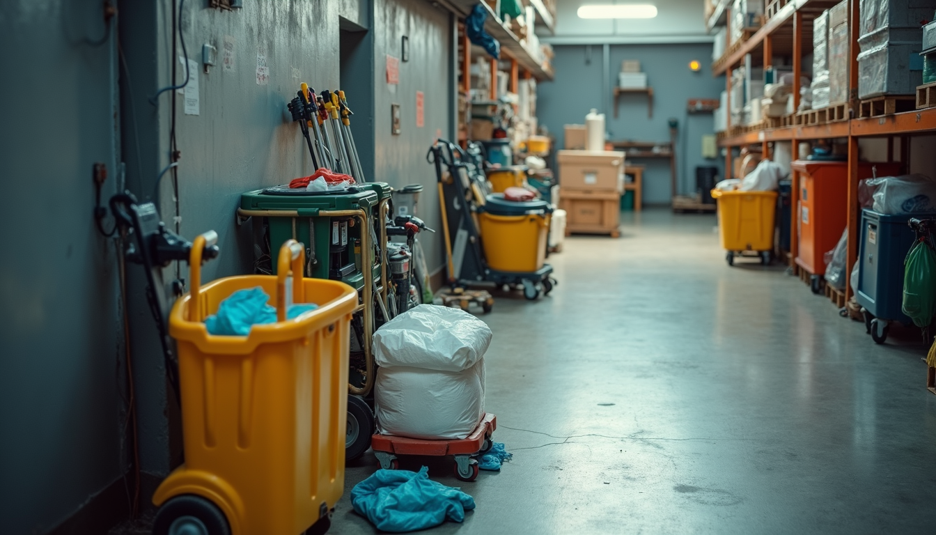 High angle view of cleaning equipment and supplies ready for event cleanup