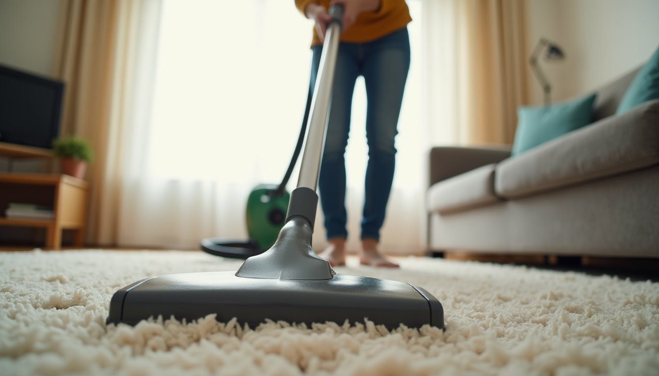 Close-up view of a professional cleaner vacuuming a carpet in a bright living room