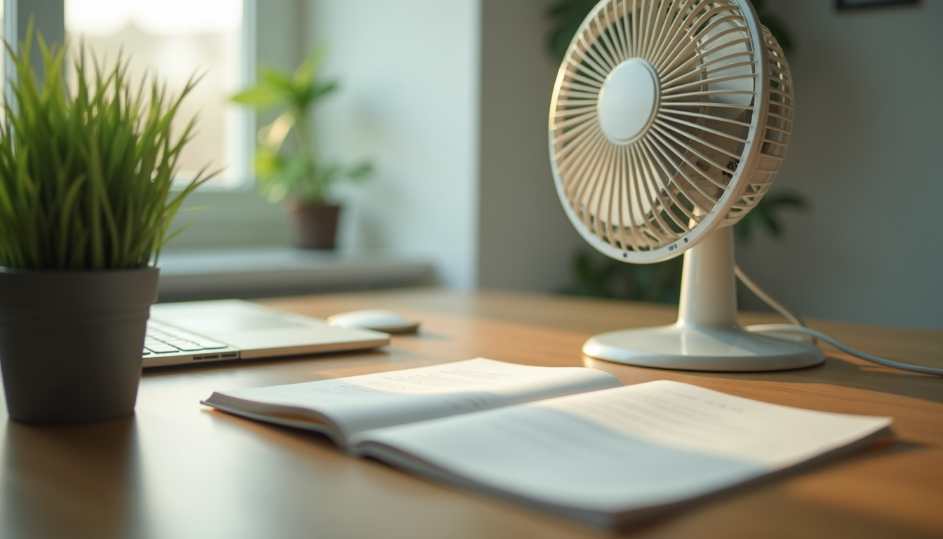 Close-up view of a desk with a small green plant and a fan