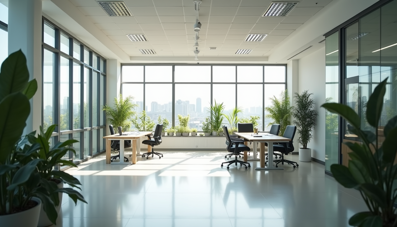 High angle view of a clean and bright office space with open windows and plants