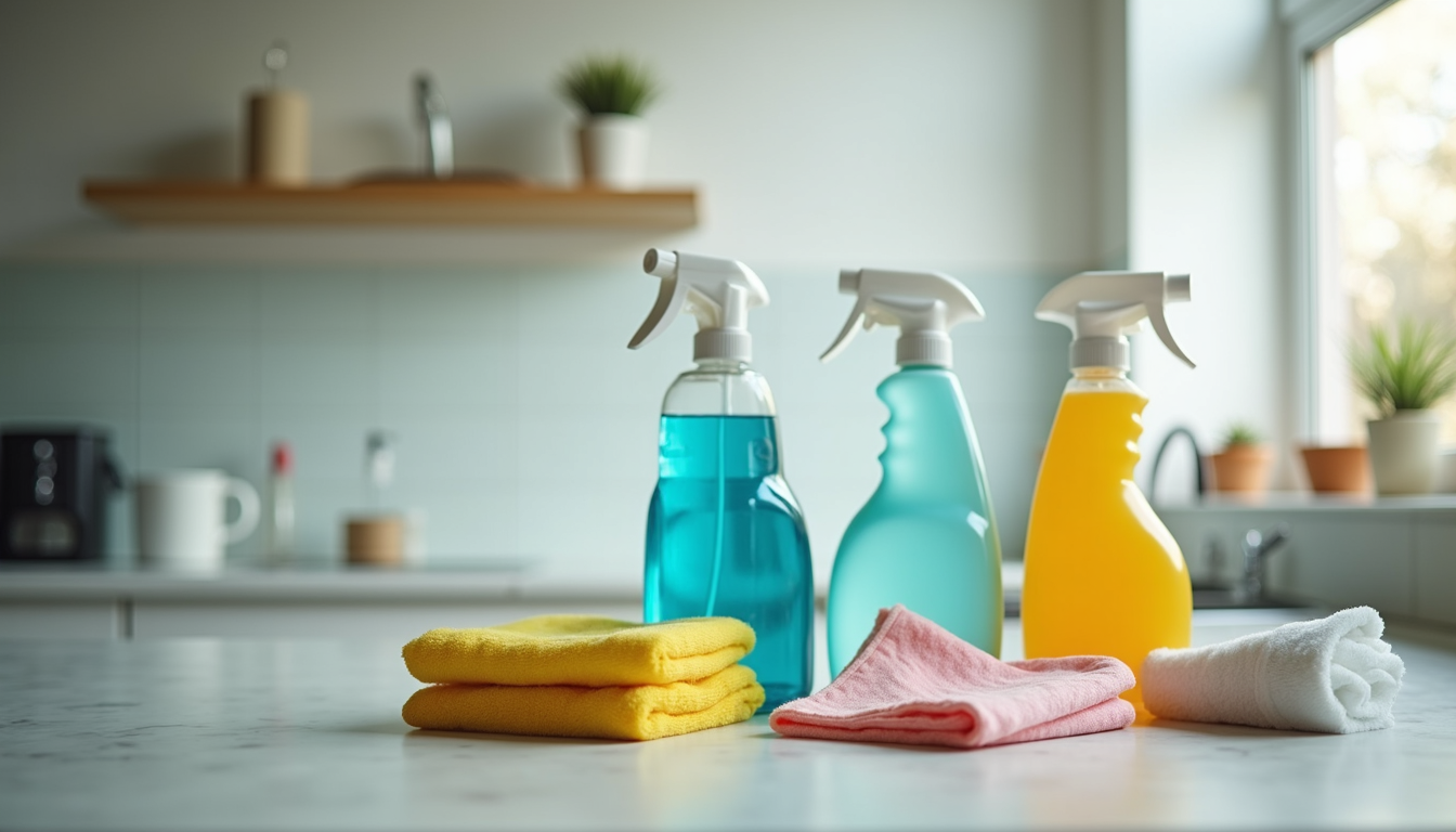 Close-up view of cleaning supplies arranged neatly on a countertop