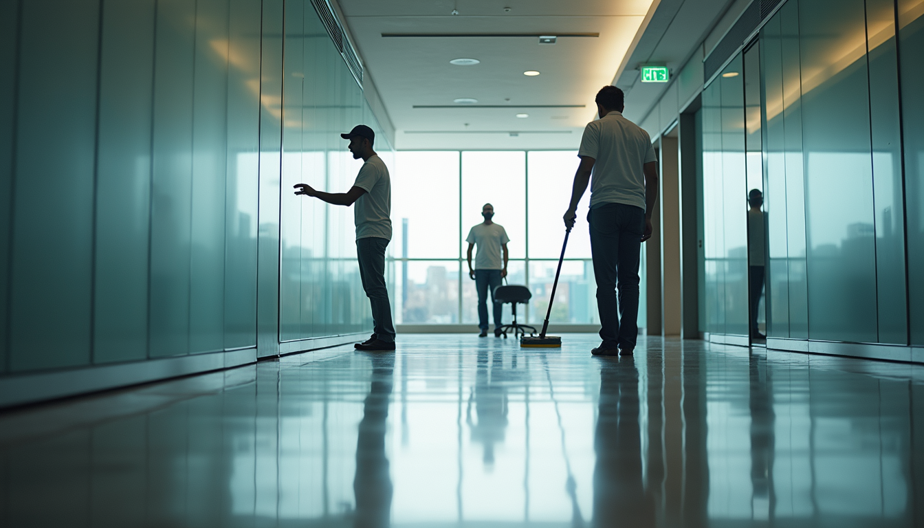High angle view of a commercial cleaning crew working in a large office space