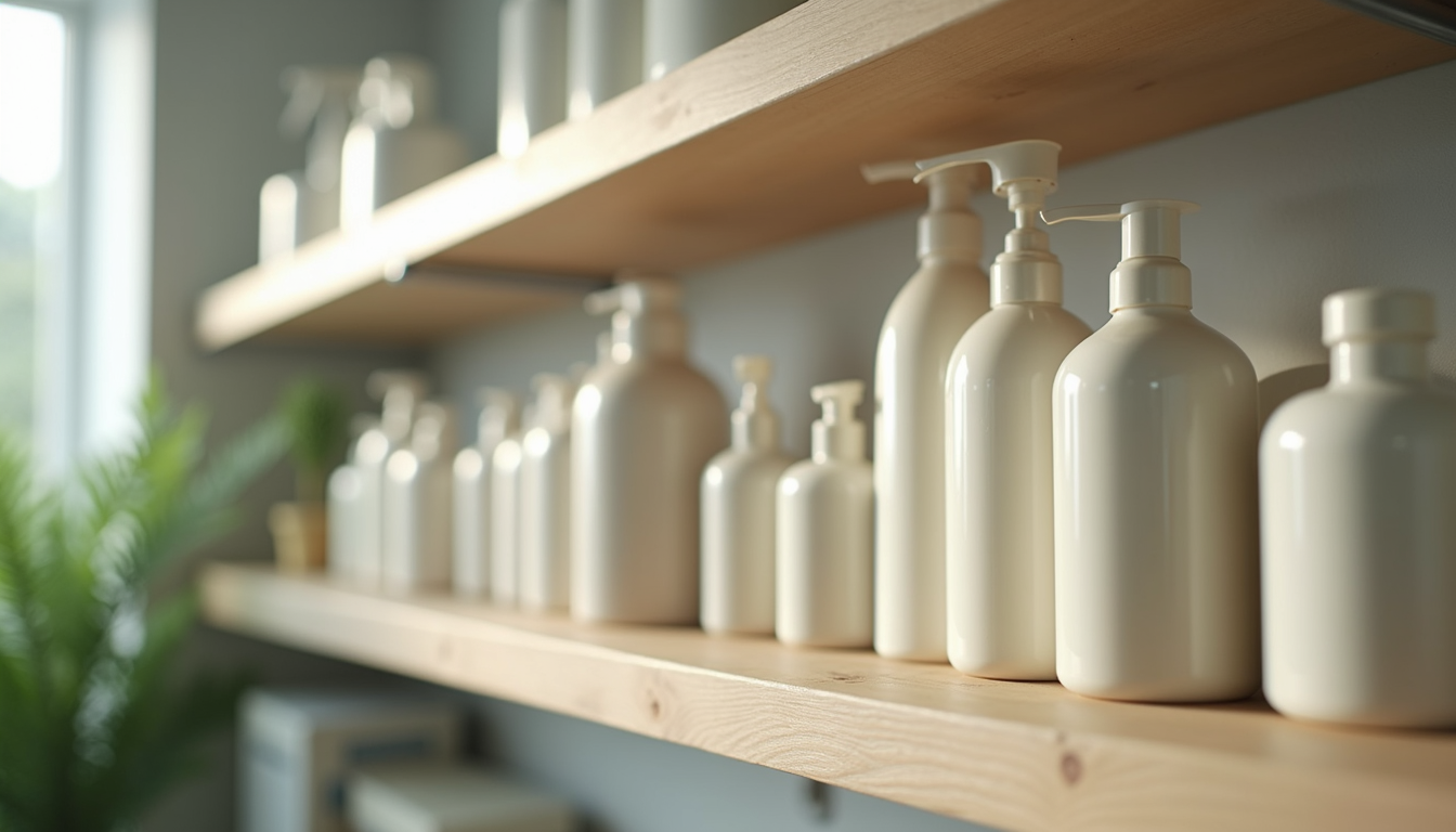 Close-up view of eco-friendly cleaning products arranged neatly on a shelf