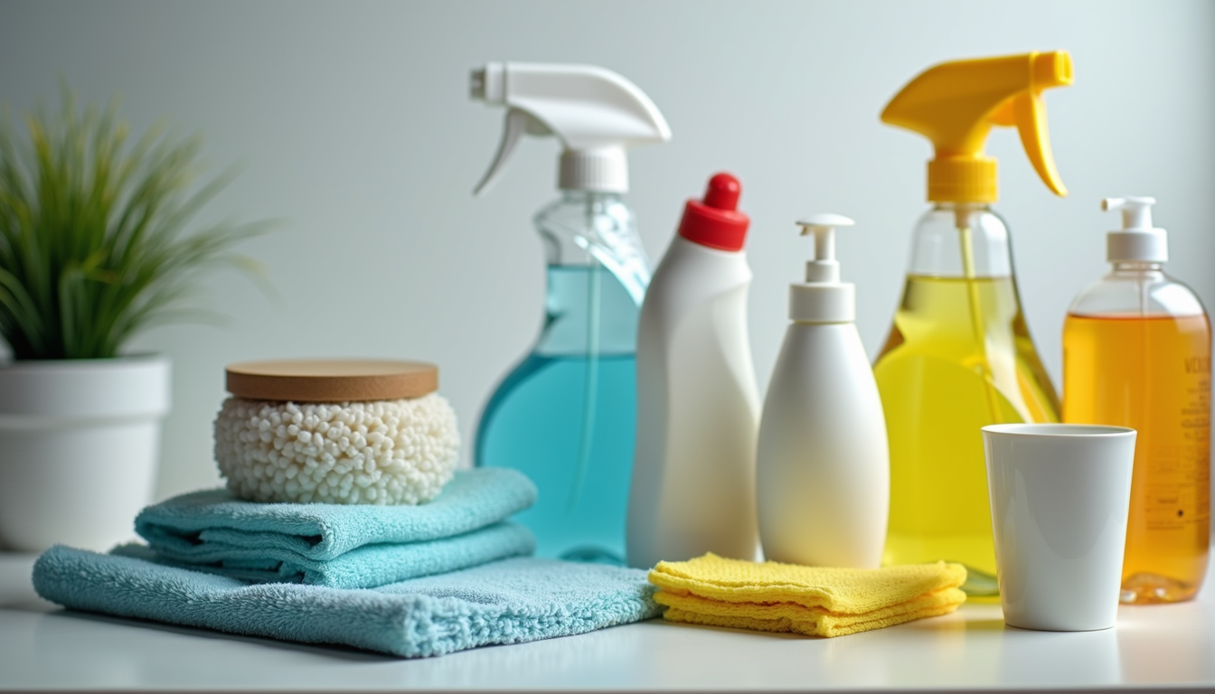 Close-up view of cleaning supplies and tools arranged neatly on a countertop