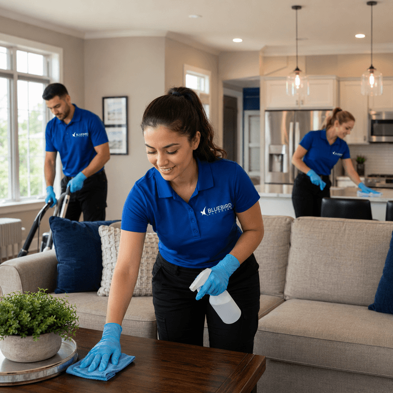 The Bluebird Cleaning team cleaning a home in Montgomery County, MD