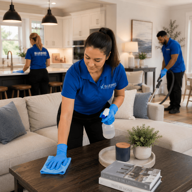The Bluebird Cleaning team cleaning a home in Bethesda, MD