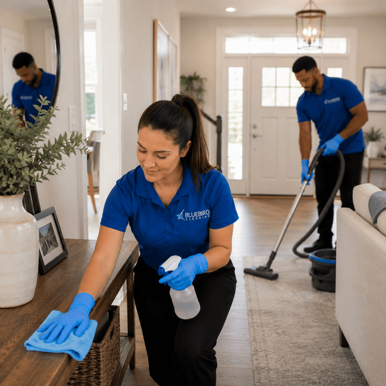 Bluebird Cleaning technicians cleaning an empty entryway and hallway