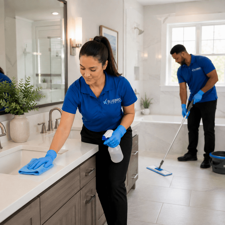 Bluebird Cleaning technicians deep cleaning a bathroom vanity and floor