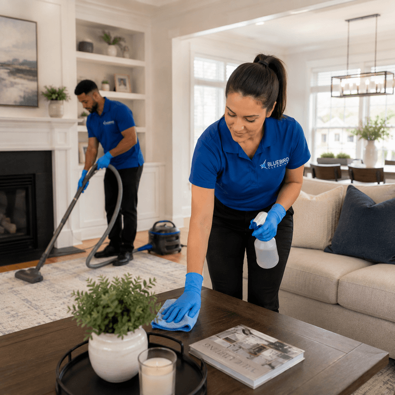 The Bluebird Cleaning team cleaning a home in Potomac, MD