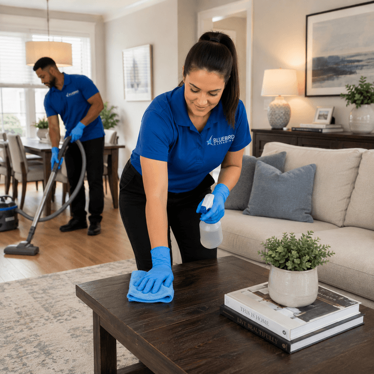 A Bluebird Cleaning team member wiping down a living room table