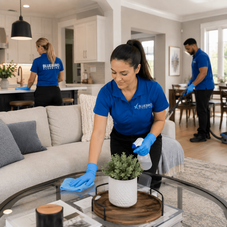 The Bluebird Cleaning team cleaning a home in Rockville, MD